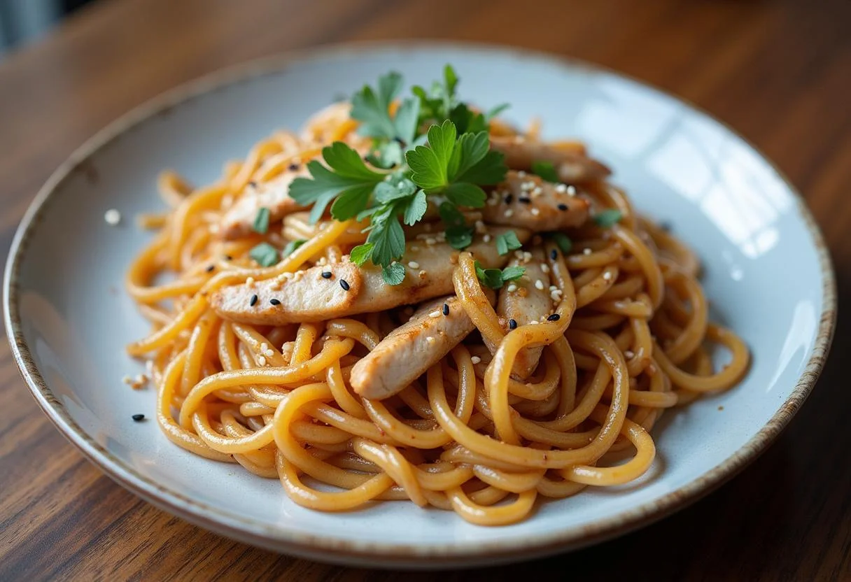 Un plat magnifiquement présenté de nouilles sautées au poulet, garni de graines de sésame et d'herbes fraîches, témoignant d'une préparation réussie.