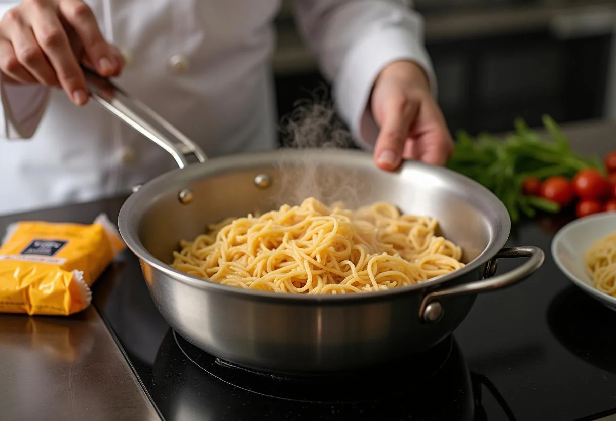 Un chef fait bouillir de l'eau pour préparer des nouilles sautées au poulet, avec de la vapeur s'élevant d'une casserole.