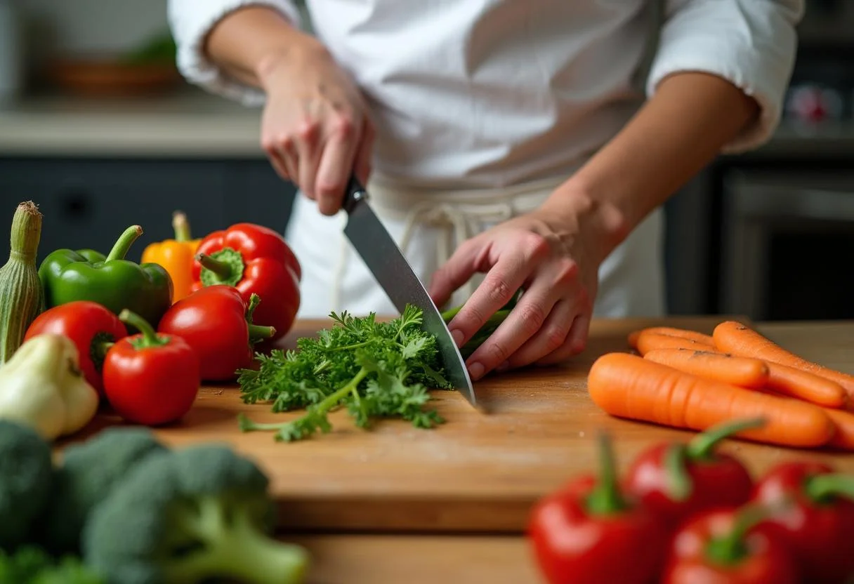 Un chef tranche des légumes frais pour des nouilles sautées au poulet, avec des poivrons, des carottes et du brocoli sur une planche à découper.