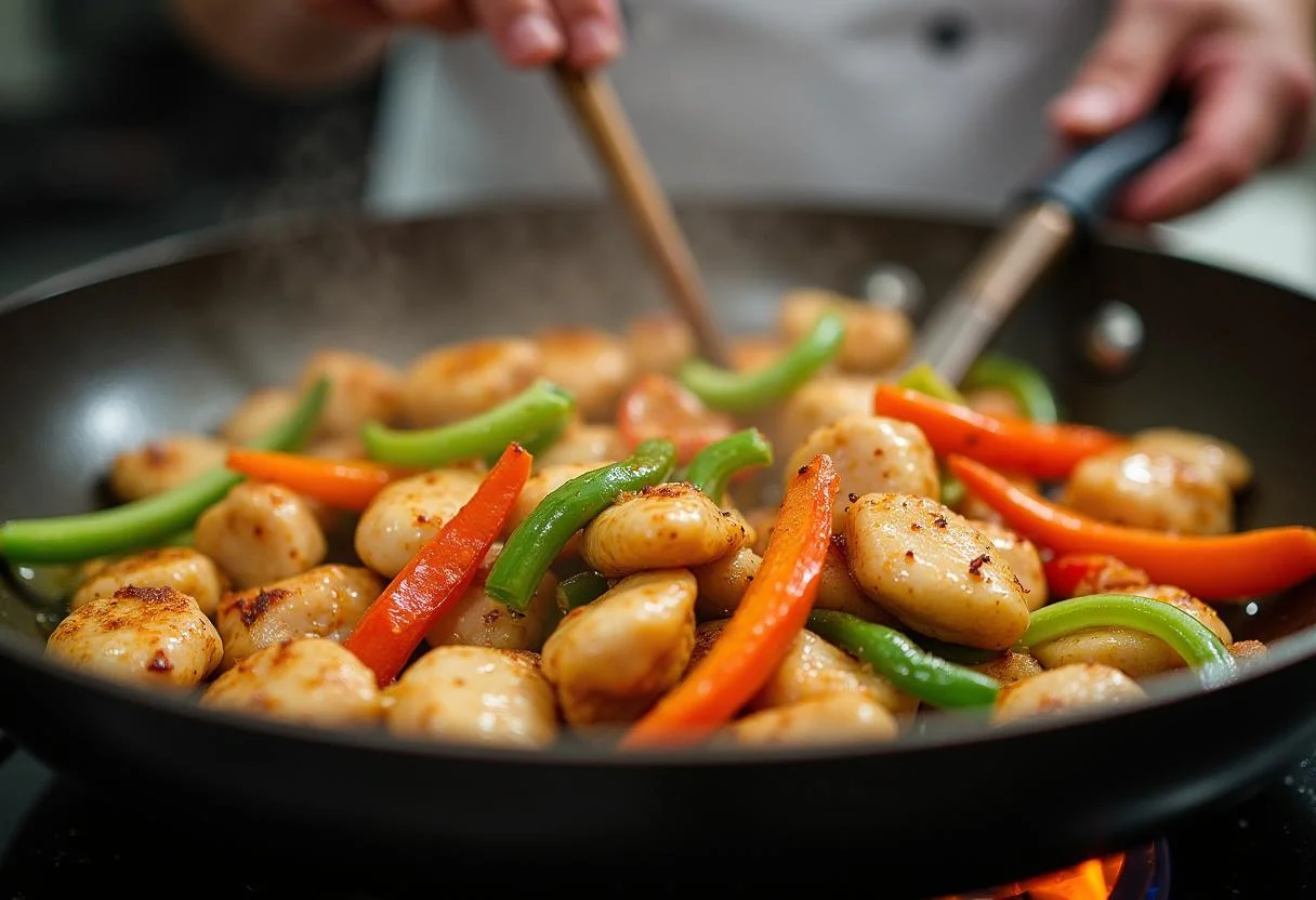 Un chef fait sauter des morceaux de poulet marinés avec des légumes colorés dans une grande poêle, illustrant la préparation de nouilles sautées au poulet.