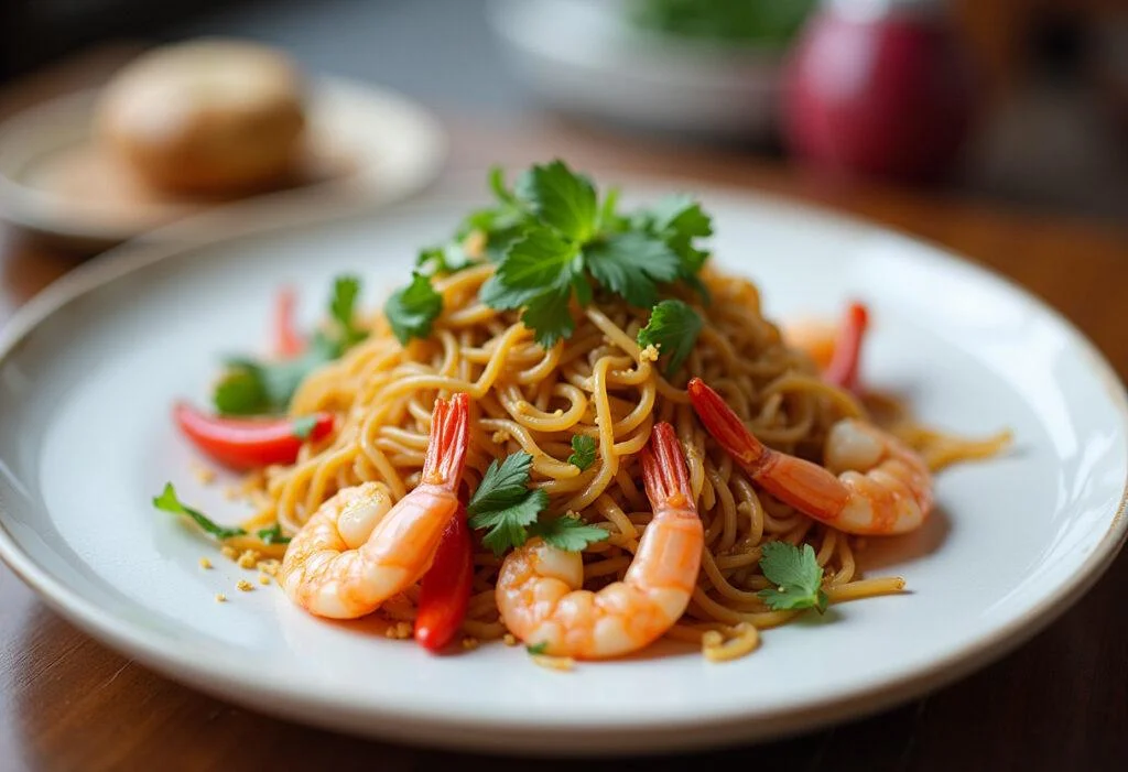 Présentation de nouilles de riz sautées aux légumes et crevettes, un délice visuel.
