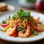 Présentation de nouilles de riz sautées aux légumes et crevettes, un délice visuel.