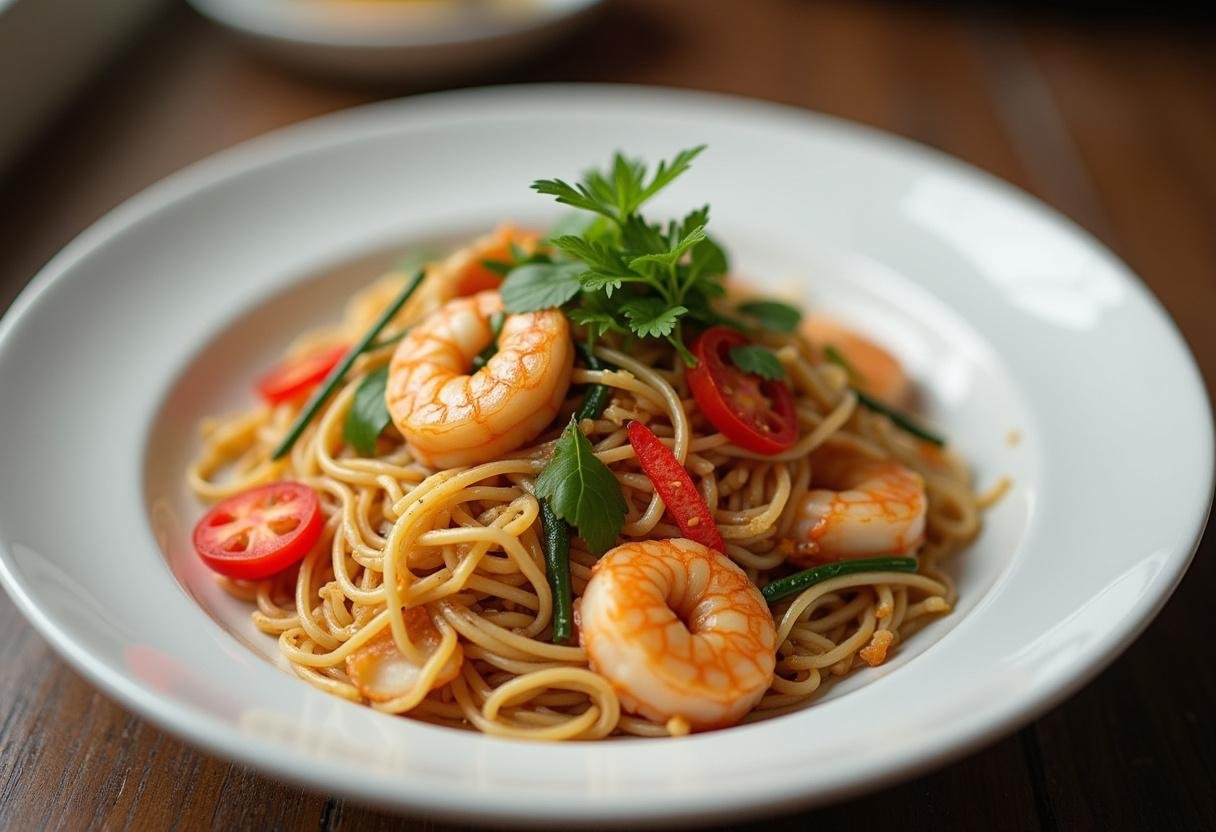 Présentation de nouilles de riz sautées aux légumes et crevettes, un délice visuel.