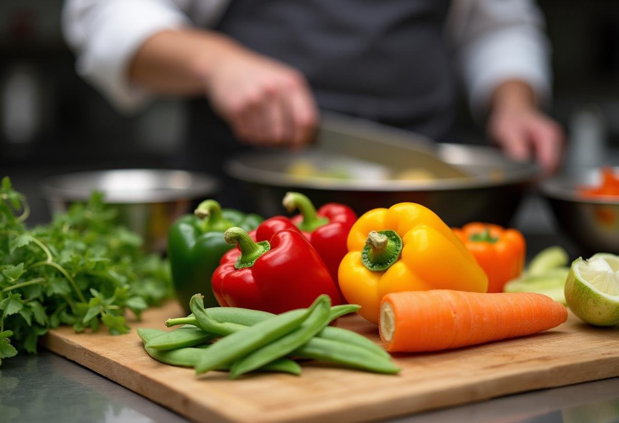 Préparation de légumes frais pour la recette de nouilles de riz sautées.