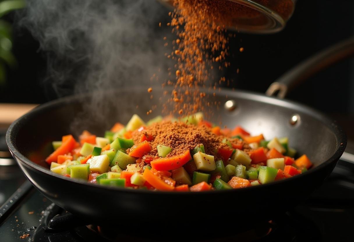 Légumes colorés ajoutés dans un wok pour la recette de nouilles de riz.