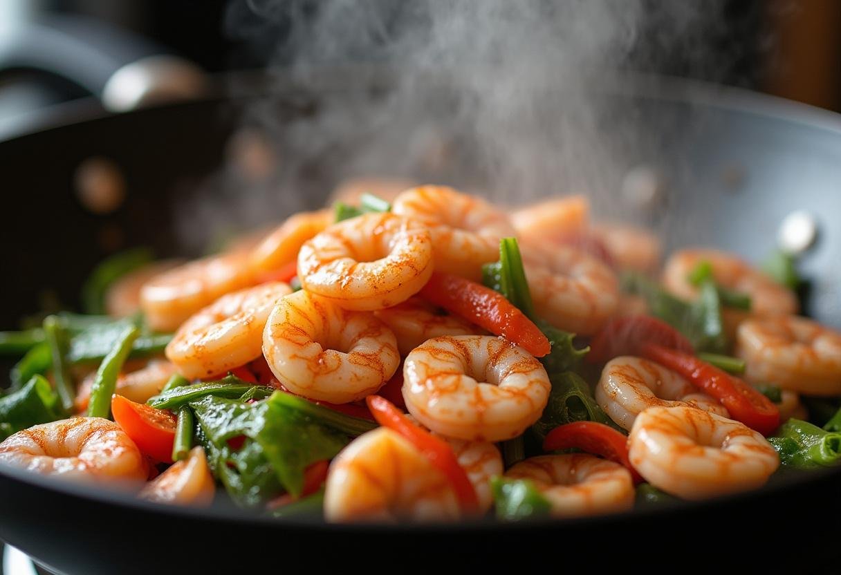 Ajout de crevettes dans le wok pour améliorer la recette de nouilles de riz sautées.