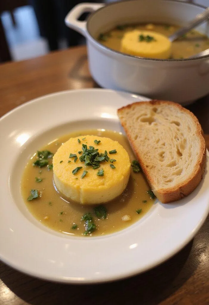Delicious Œufs Cocotte Crémeux served with herbs and bread, perfect for a rich breakfast.