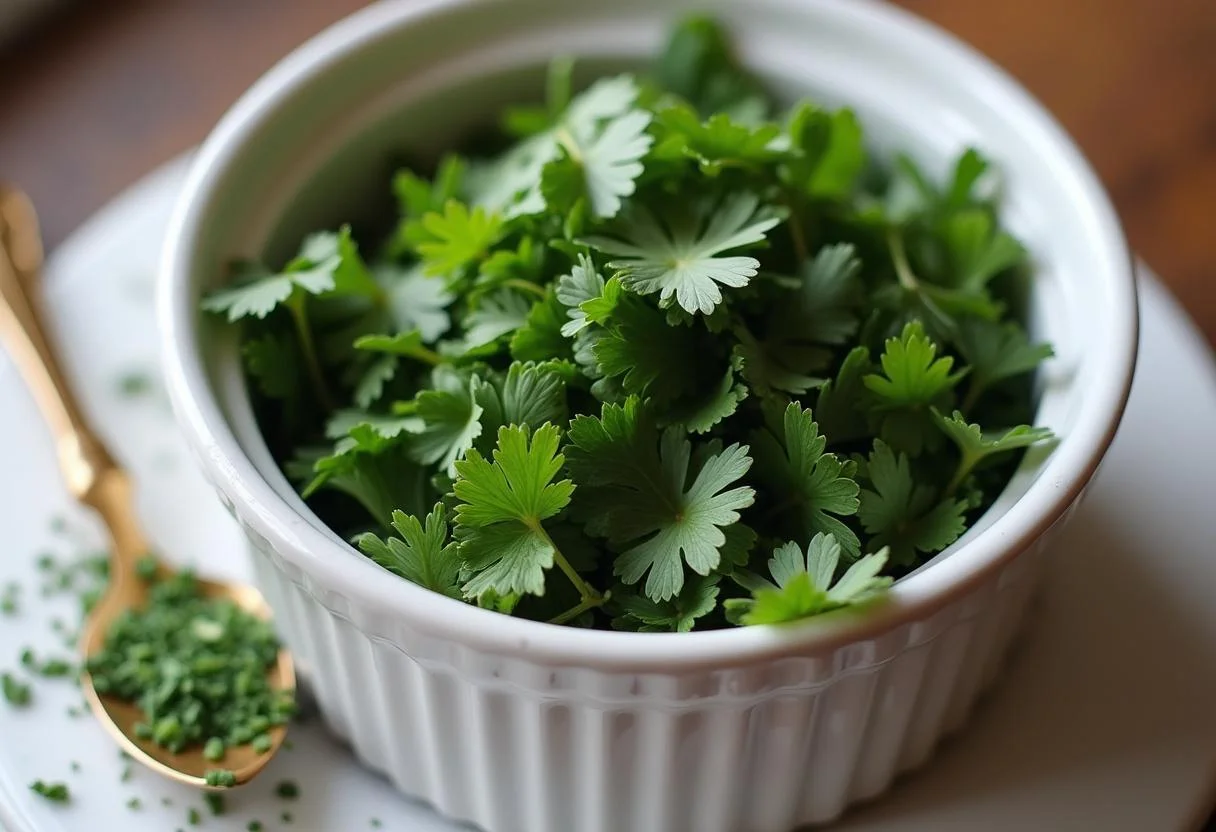 Chopped herbs prepared for adding flavor to the Œufs Cocotte Crémeux recipe.
