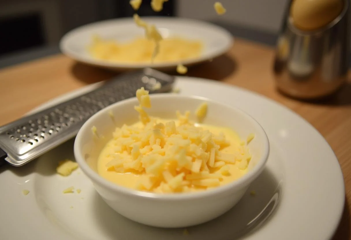 Grated cheese added to the ramekin for a delicious Œufs Cocotte Crémeux.