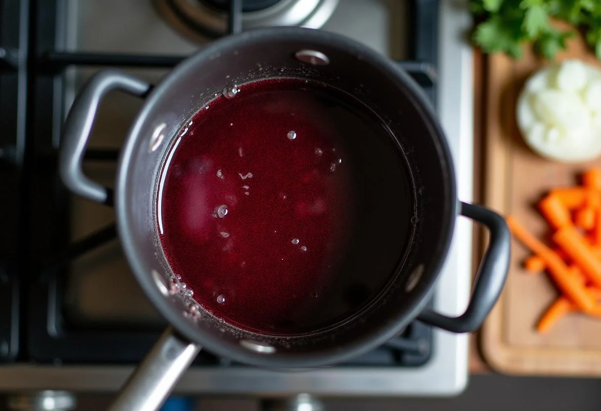 Simmering red wine with herbs and vegetables for Œufs en Meurette preparation.
