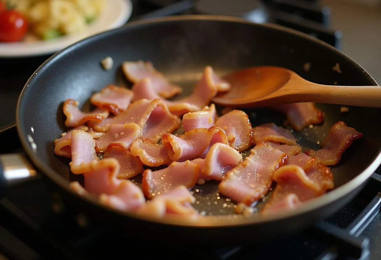 Crispy bacon cooking in a pan for Œufs en Meurette dish preparation.