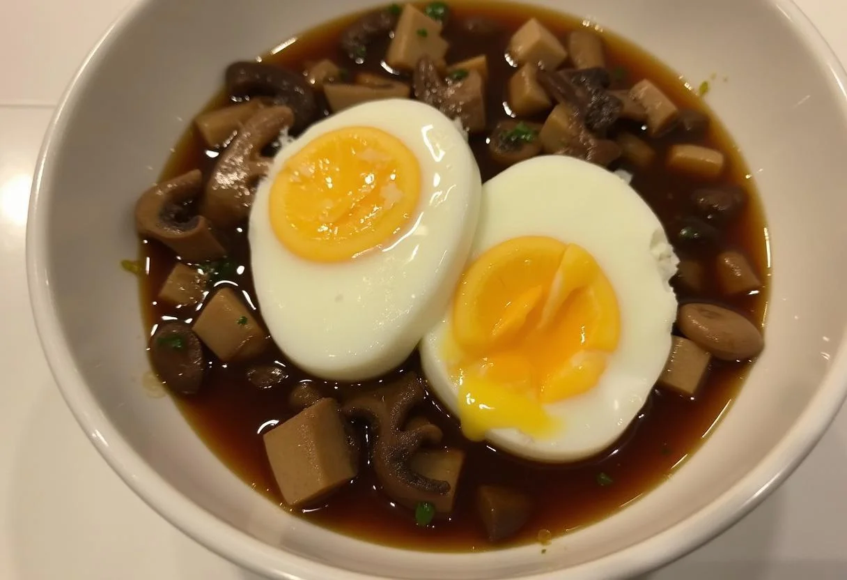 Poached eggs in a red wine sauce with mushrooms and shallots for Œufs en Meurette.