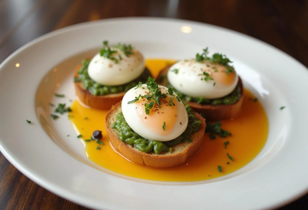 Poached eggs on toast with red wine sauce, ready to serve Œufs en Meurette.