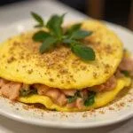 Omelette baveuse aux brisures de truffe prête à être servie, décorée de truffes fraîches et d'herbes, mettant en valeur sa texture délicieuse.