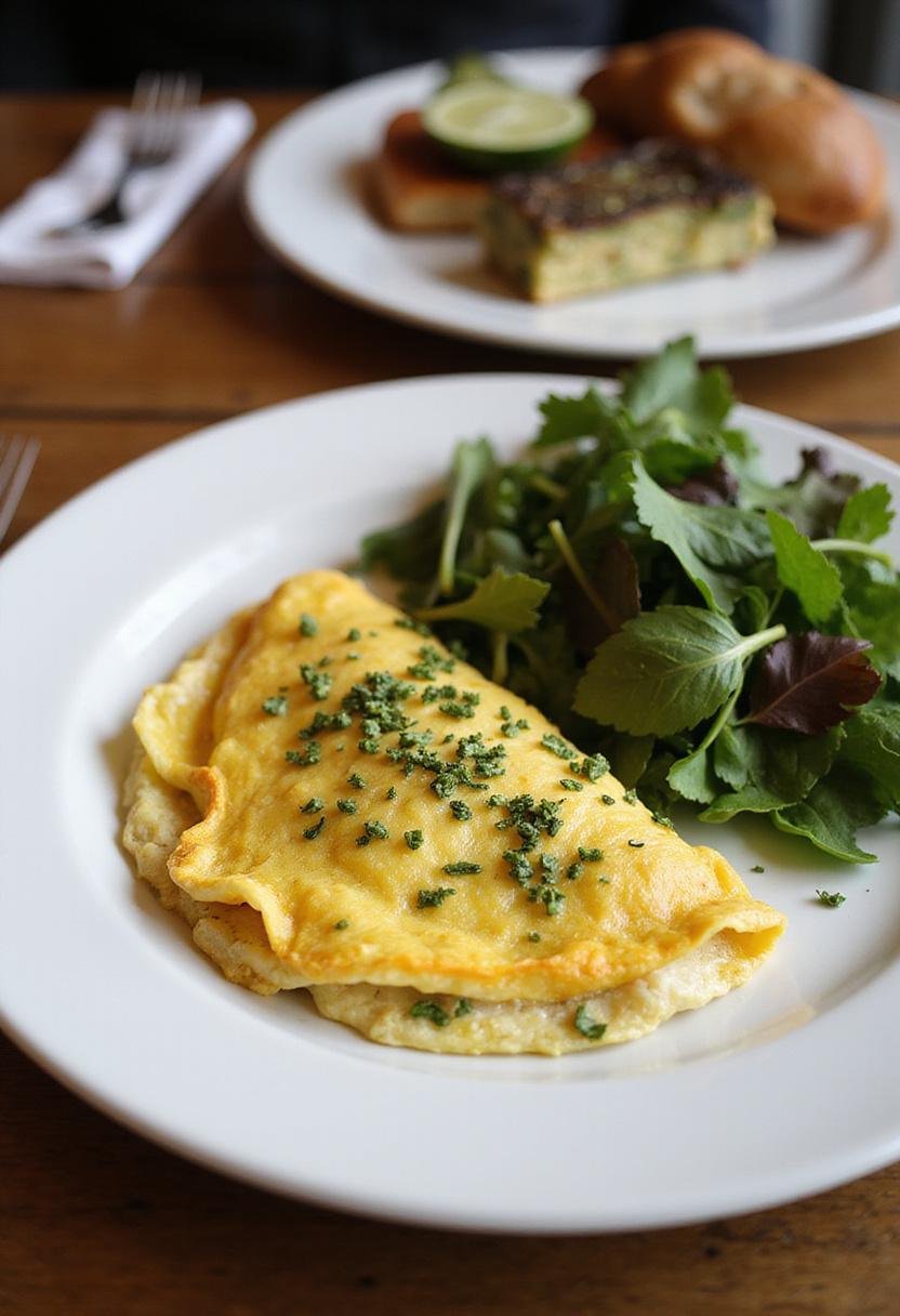 Finished Omelette aux Fines Herbes, garnished and served with greens for an elegant meal.