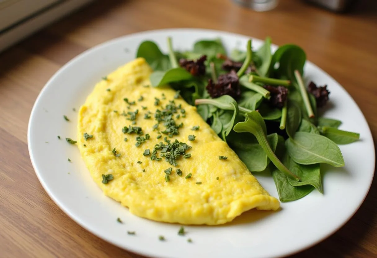 Omelette aux Fines Herbes finie, garnie et servie avec de la verdure pour un repas élégant.