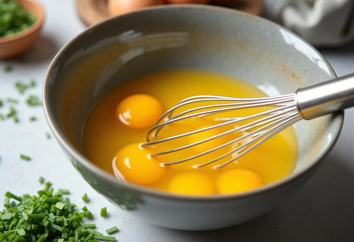 Saladier d'Ćufs fouettĂ©s avec des herbes fraĂźches pour une Omelette aux Fines Herbes.