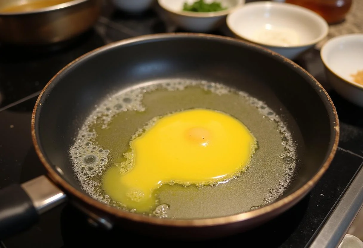 Beurre fondu dans une poĂȘle pour la cuisson de l'Omelette aux Fines Herbes.