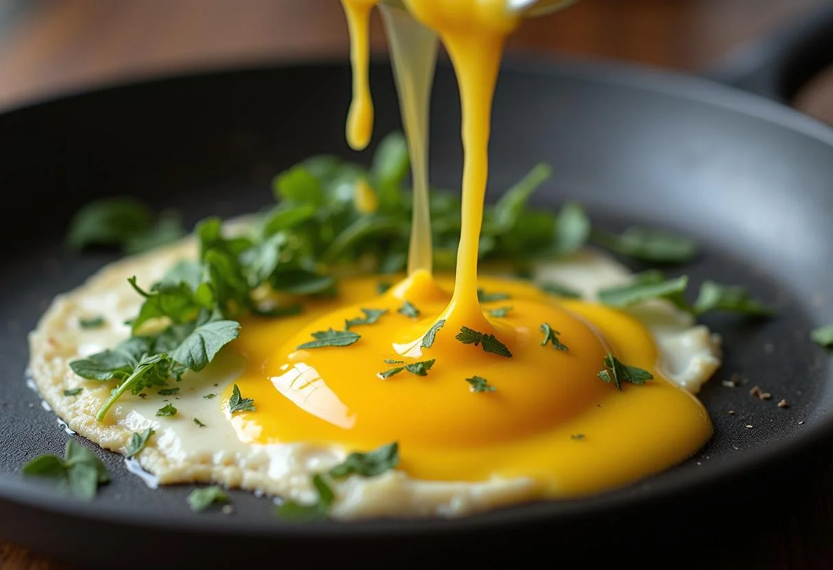 Verser le mĂ©lange d'Ćufs dans une poĂȘle pour la cuisson de l'Omelette aux Fines Herbes.