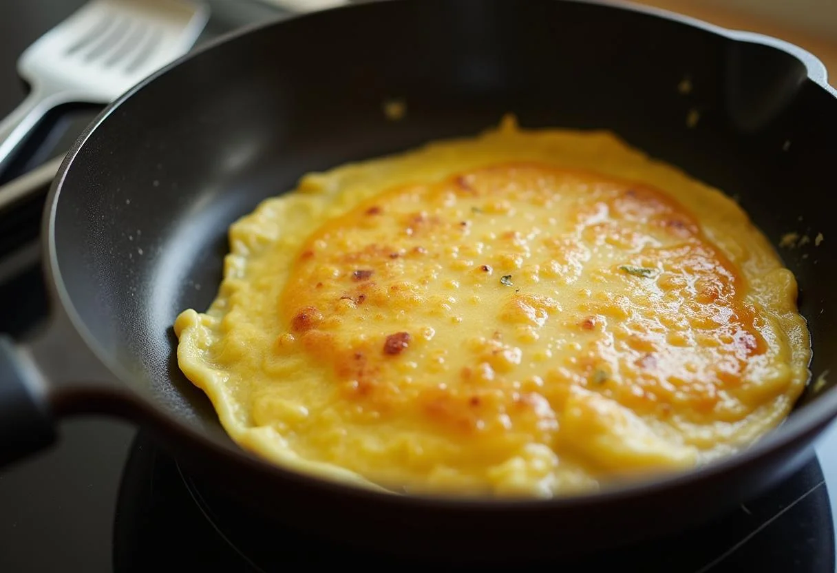 Omelette cuisant parfaitement dans une poĂȘle, prĂȘte Ă ĂȘtre pliĂ©e pour l'Omelette aux Fines Herbes.
