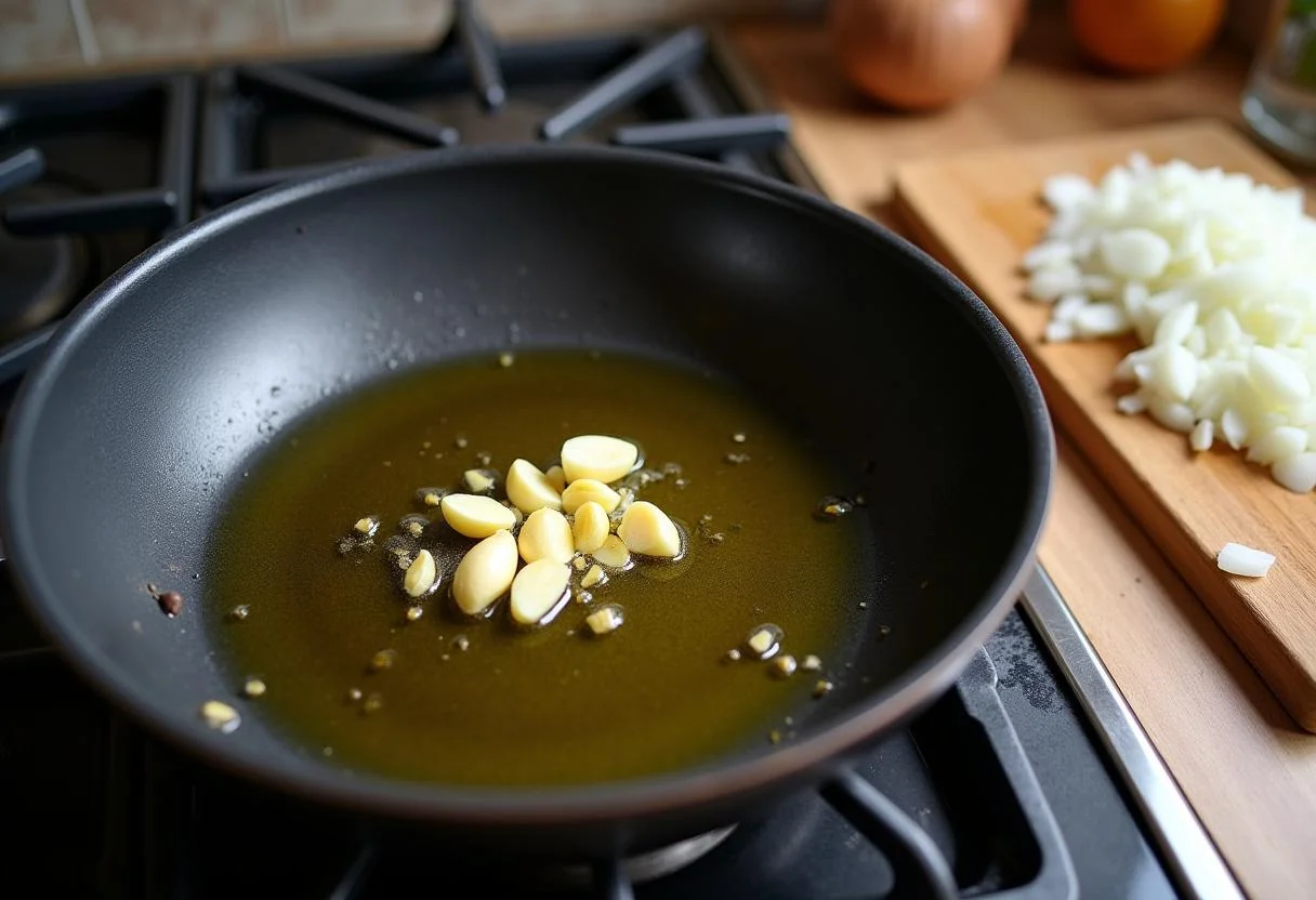 Olive oil heating in a skillet for making Paella Française, with garlic and onion prepared.