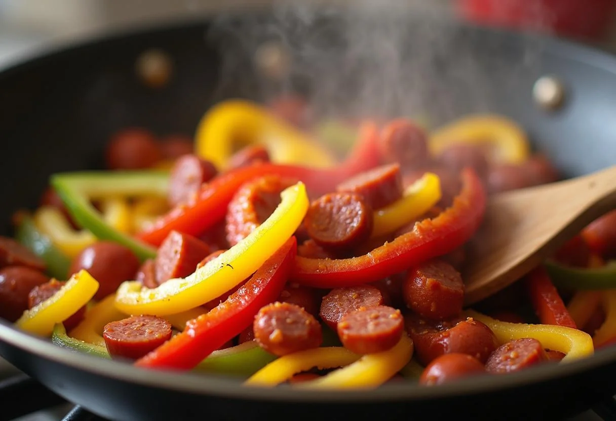 Chorizo and bell peppers being added to the skillet while preparing Paella Française.