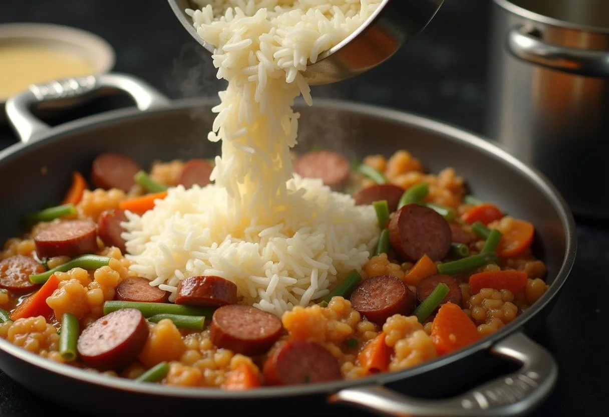 Rice added to the skillet for Paella Française, combining with other ingredients.