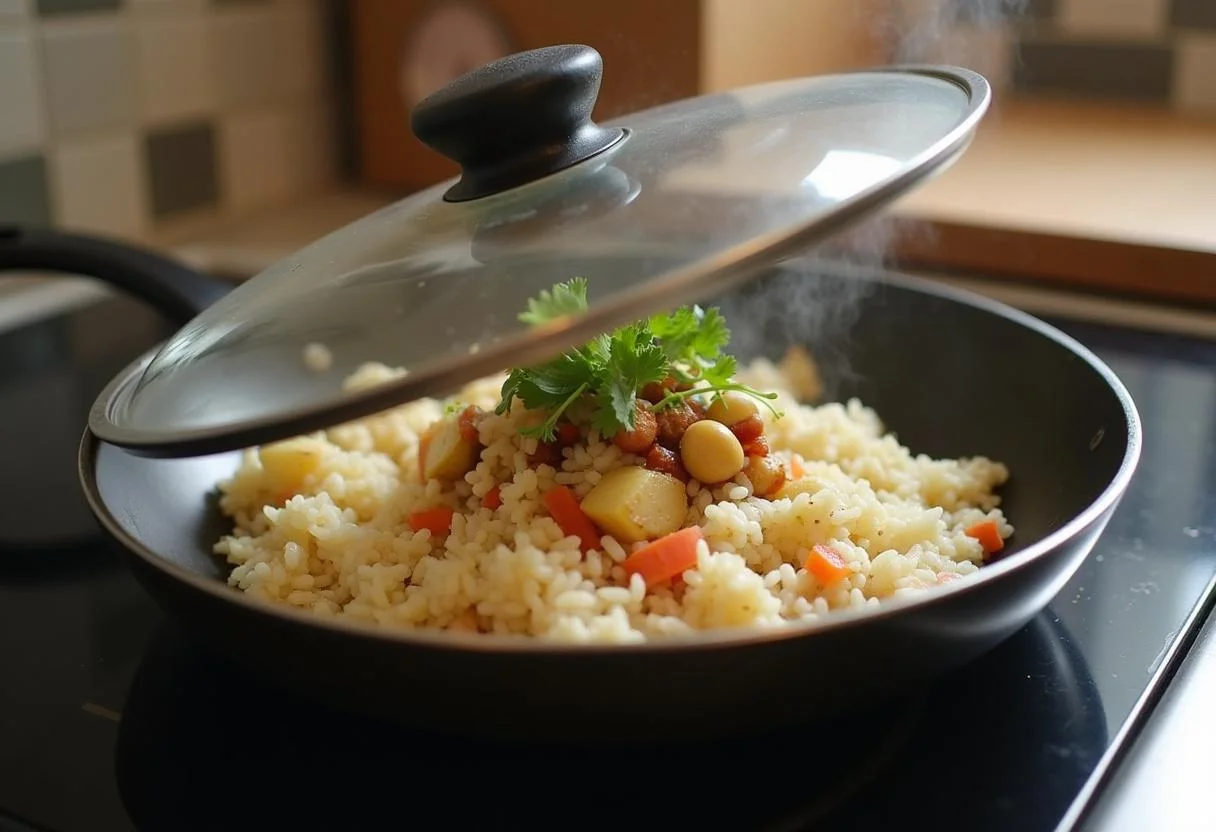 Skillet covered and cooking for Paella Française, with timer in view.
