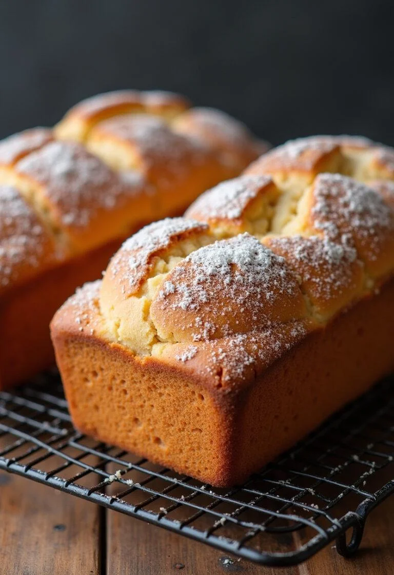Pain à la Cannelle parfaitement cuit sur une grille, la croûte dorée et saupoudrée de sucre glace.