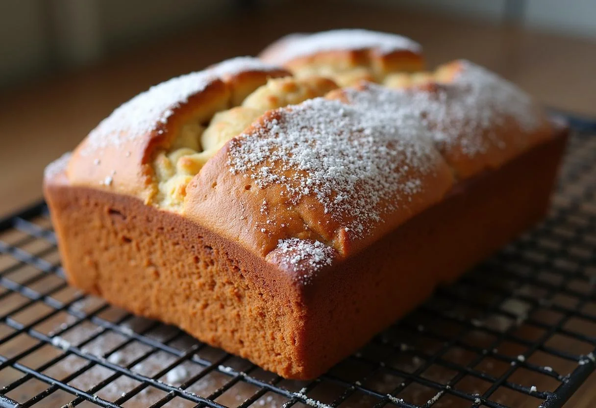 Pain à la Cannelle parfaitement cuit sur une grille, la croûte dorée et saupoudrée de sucre glace.