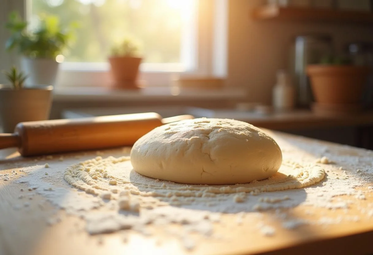 Pâte à Pain à la Cannelle en train d'être pétrie sur une surface farinée, ambiance chaleureuse de cuisine ensoleillée.