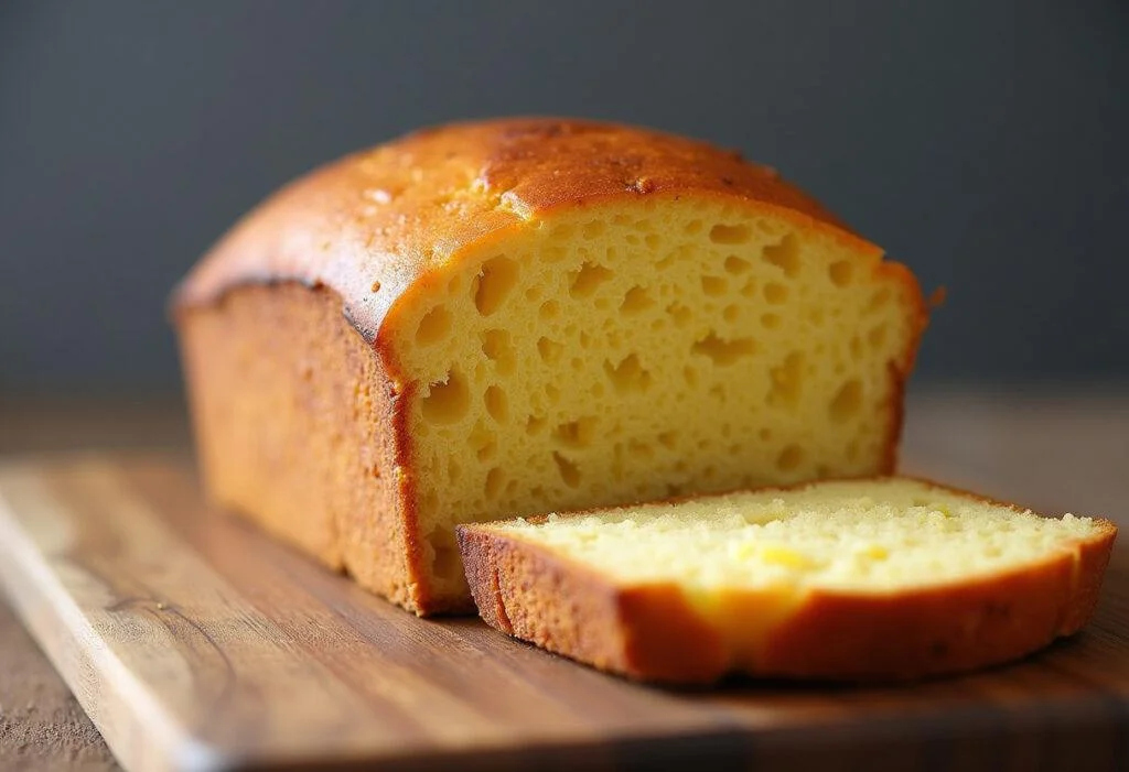 Montrer un pain au maïs sans gluten fraîchement cuit sur une planche à découper en bois rustique, avec une croûte dorée et un intérieur moelleux.