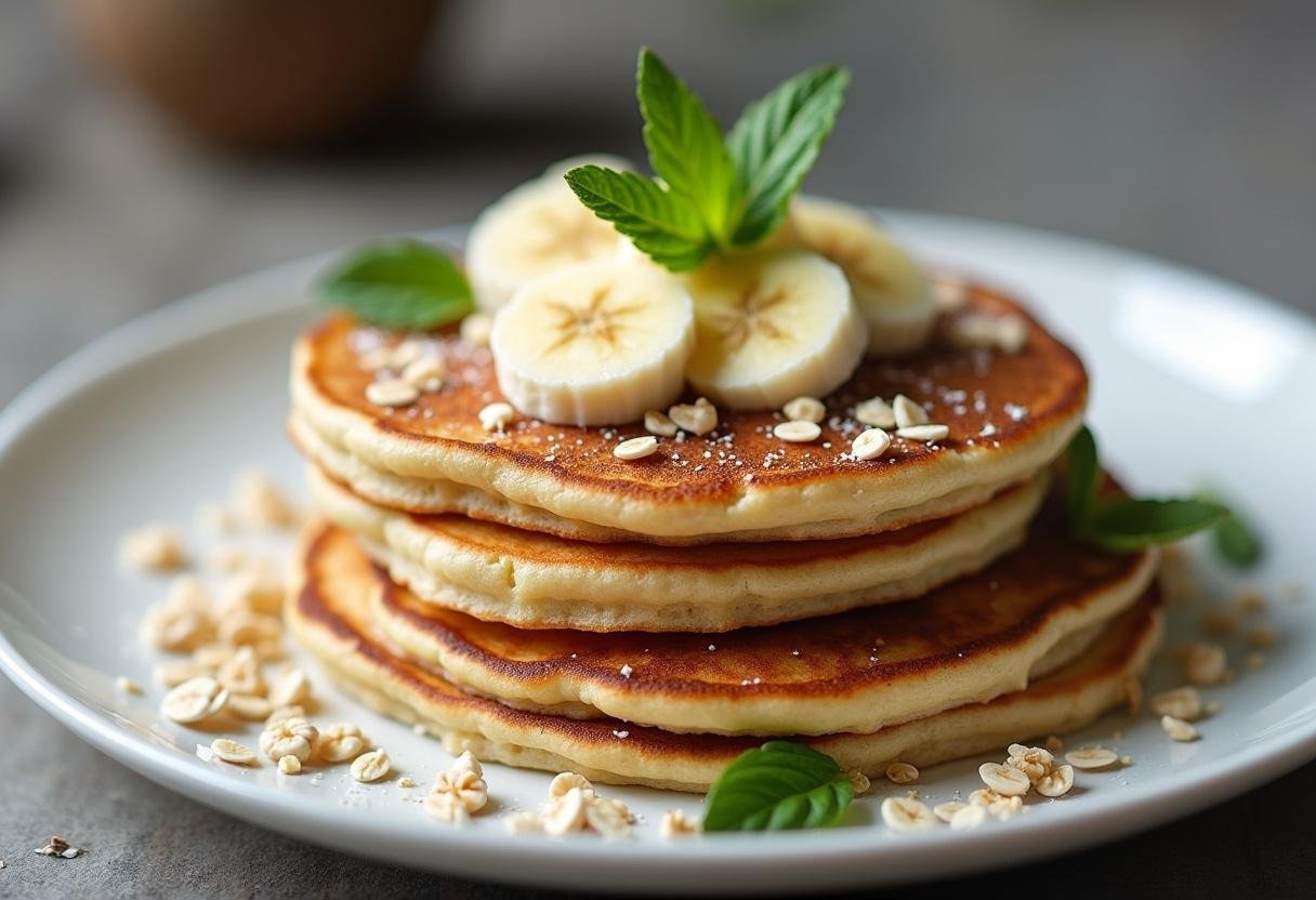 Recette pancake banane flocons d'avoine à l'aspect final : pancakes garnis de bananes, flocons d'avoine et feuilles de menthe.