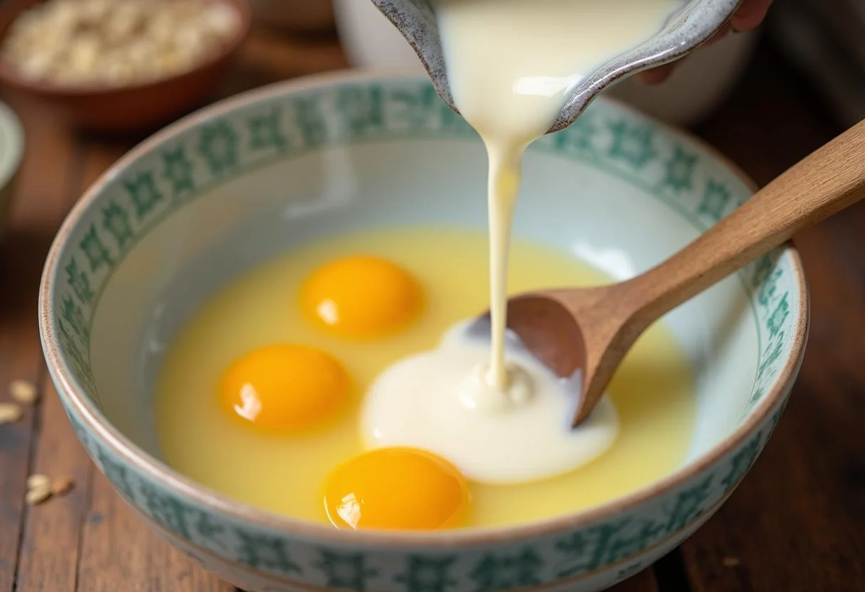 Recette pancakes bananes flocons d'avoine : ajout d'oeufs et de lait d'amande dans le mélange de pâte.
