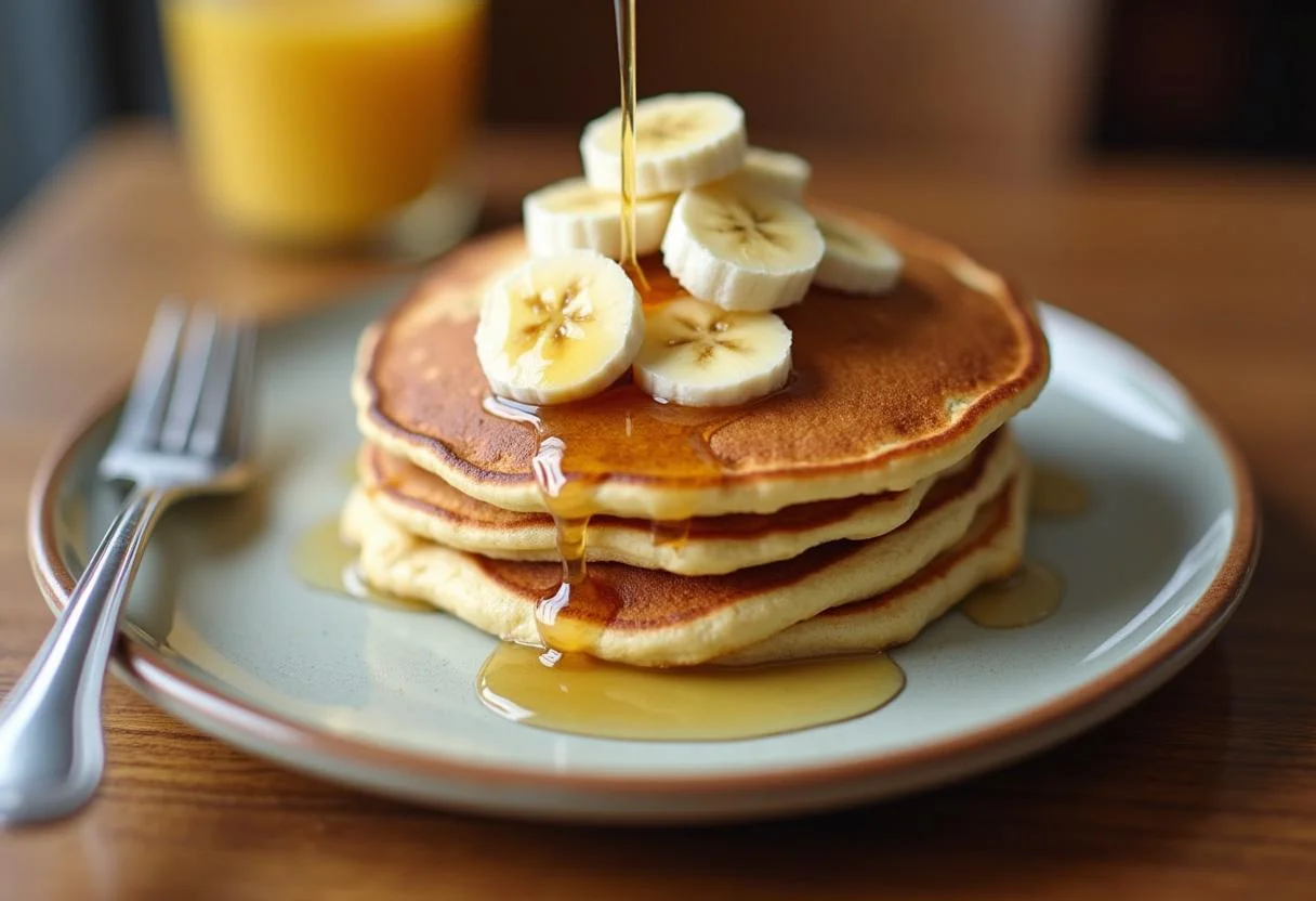 Recette pancakes bananes flocons d'avoine : une pile de pancakes chauds avec des bananes tranchées et du miel.