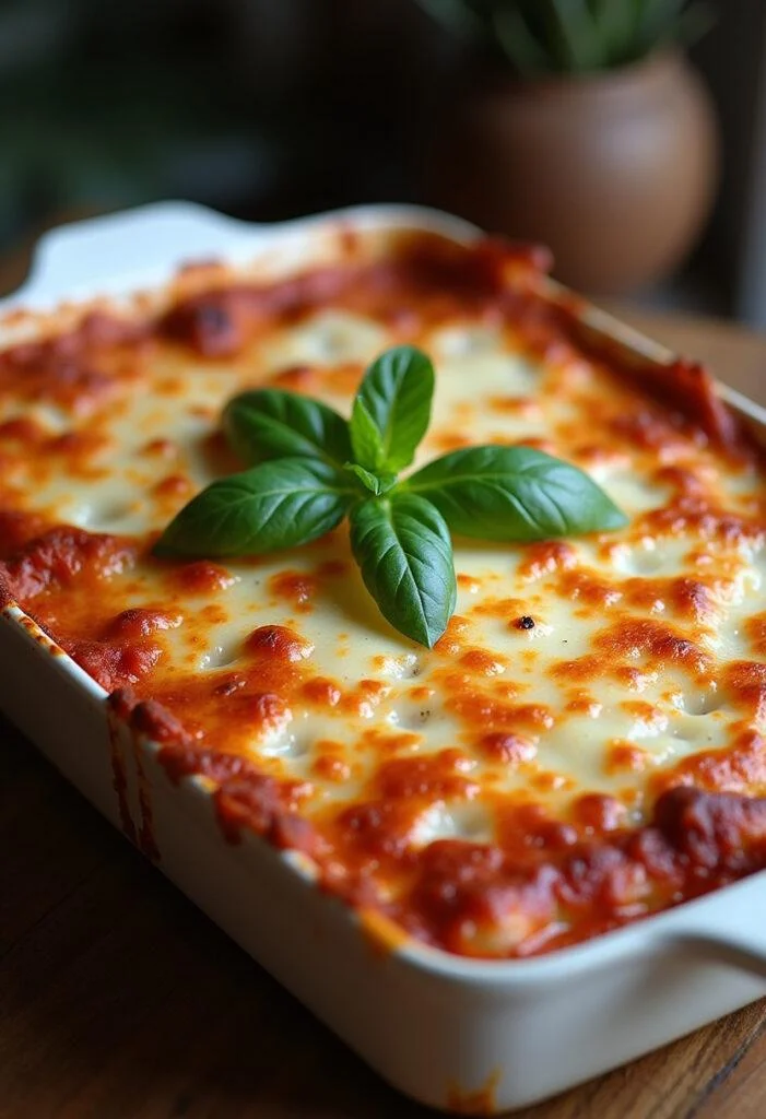 Lasagne maison cuite à la perfection, avec des couches de pâte, sauce et fromage, garnie de basilic frais.