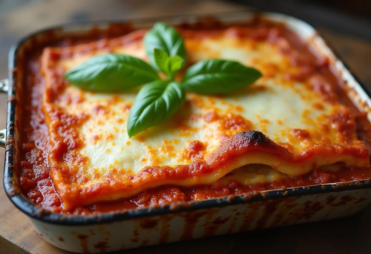 Lasagne maison cuite à la perfection, avec des couches de pâte, sauce et fromage, garnie de basilic frais.