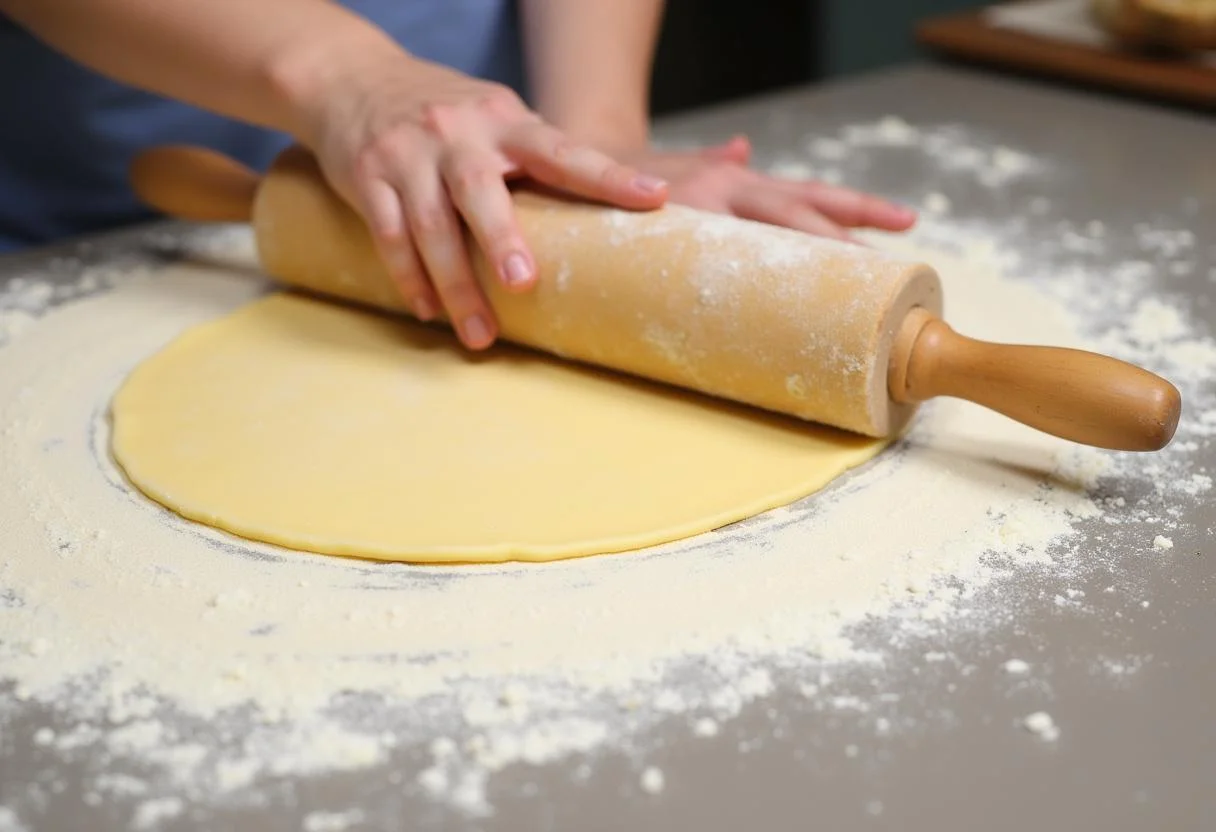 Rouler la pâte à lasagne afin d'obtenir une texture lisse et uniforme sur une surface farinée.