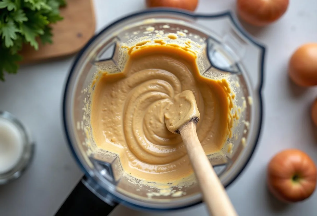 Vue aérienne de la pâte de sésame crémeuse se formant dans le mélangeur, spatule à proximité pour un mélange optimal.