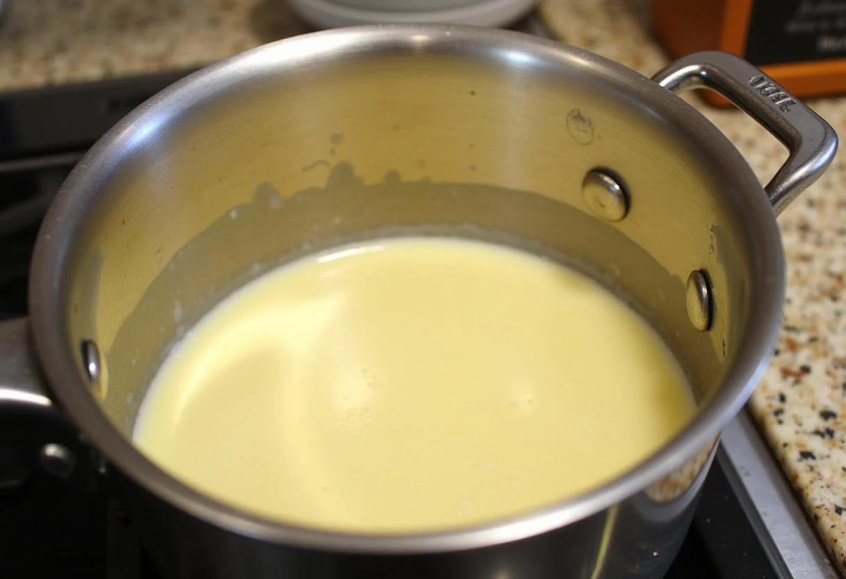 Cuisson de la crème dans une casserole avec de l'ail pour les pâtes à la truffe.