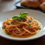 Assiette de pâtes italiennes authentiques avec basilic et huile d'olive, représentant la cuisine italienne traditionnelle.