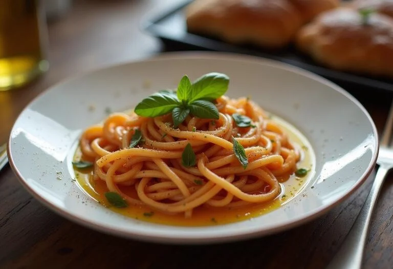 Assiette de pâtes italiennes authentiques avec basilic et huile d'olive, représentant la cuisine italienne traditionnelle.