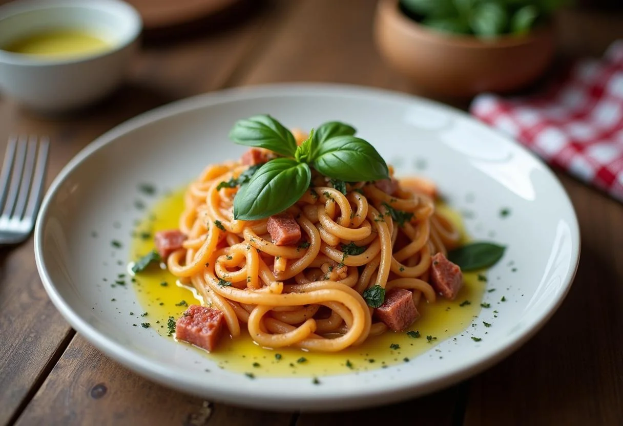 Assiette de pâtes italiennes authentiques avec basilic et huile d'olive, représentant la cuisine italienne traditionnelle.