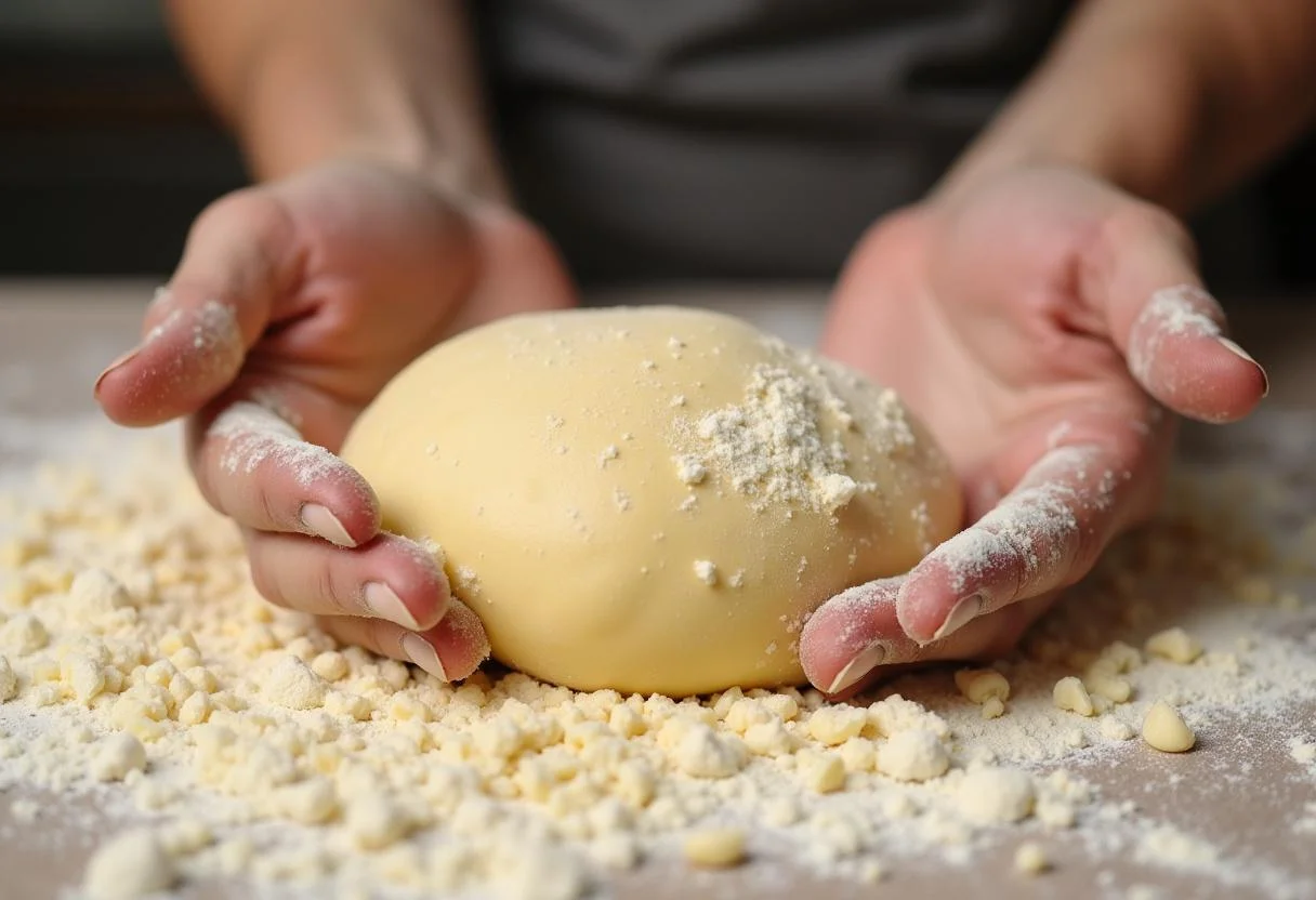 Pâte italienne en cours de pétrissage à la main, illustrant le processus de fabrication des pâtes italiennes authentiques.