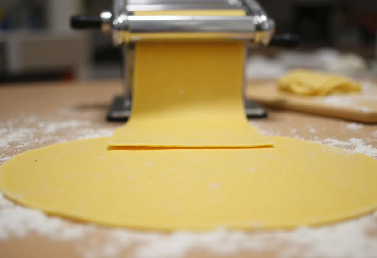 Étendre la pâte pour réaliser les pâtes italiennes avec un rouleau ou une machine à pâtes, représentatif des types et recettes de pâtes italiennes.