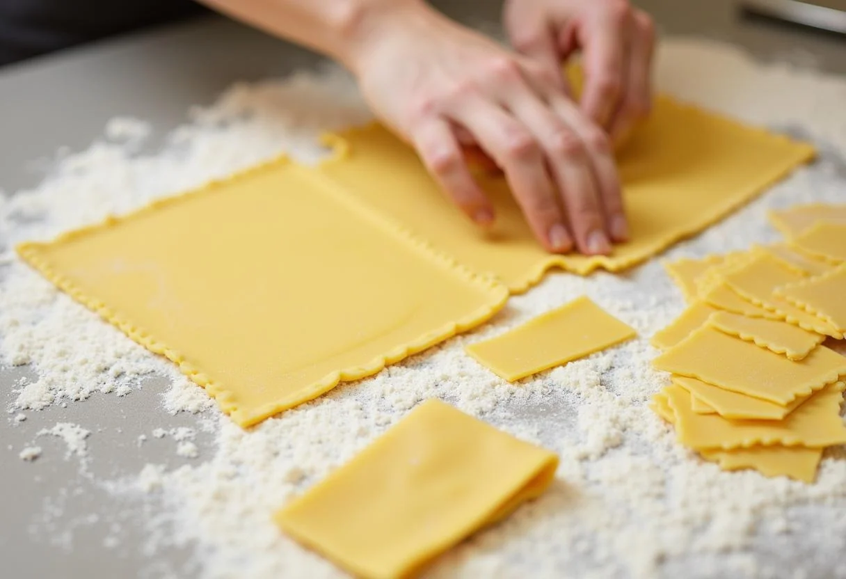 Découpe des pâtes italiennes fraîches en différentes formes sur une surface farinée, illustrant les différentes recettes de pâtes italiennes.