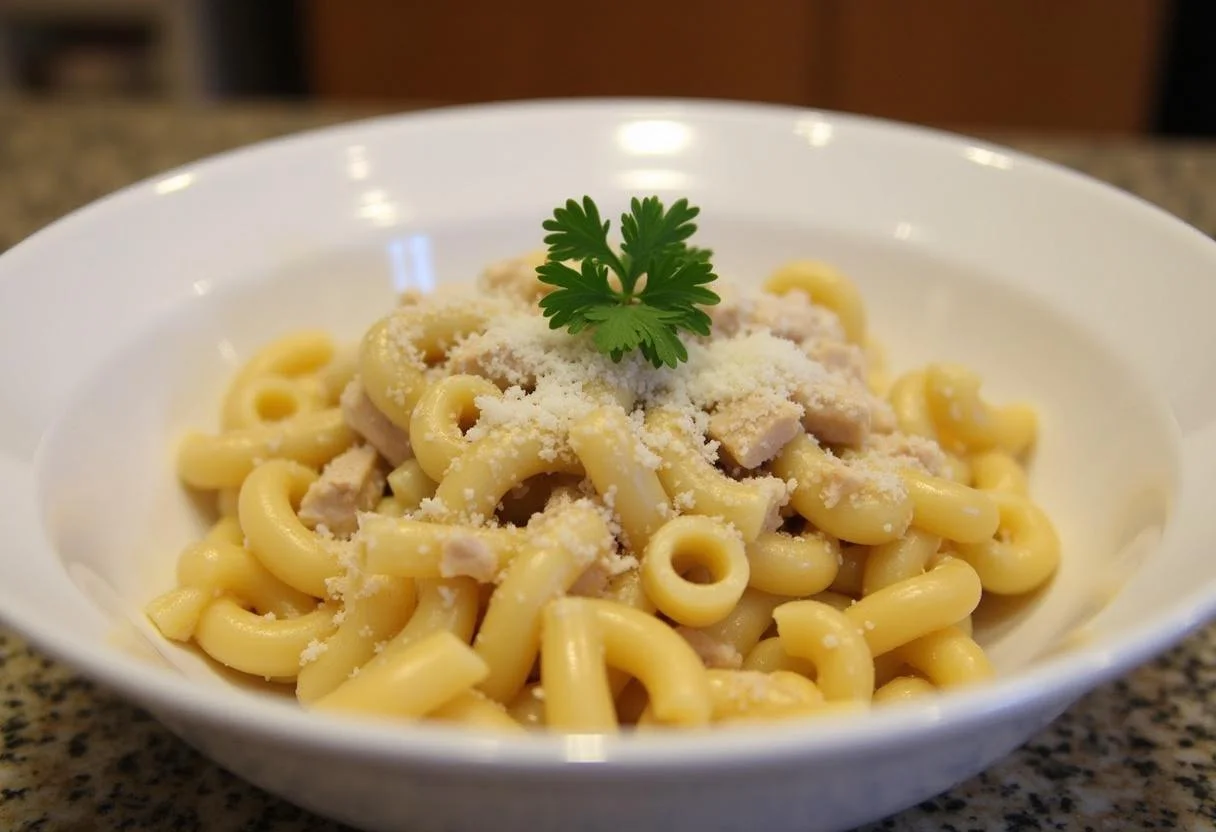 Présentation finale des pâtes au thon crémeuses, servies avec du persil frais et du parmesan râpé pour un plat savoureux.