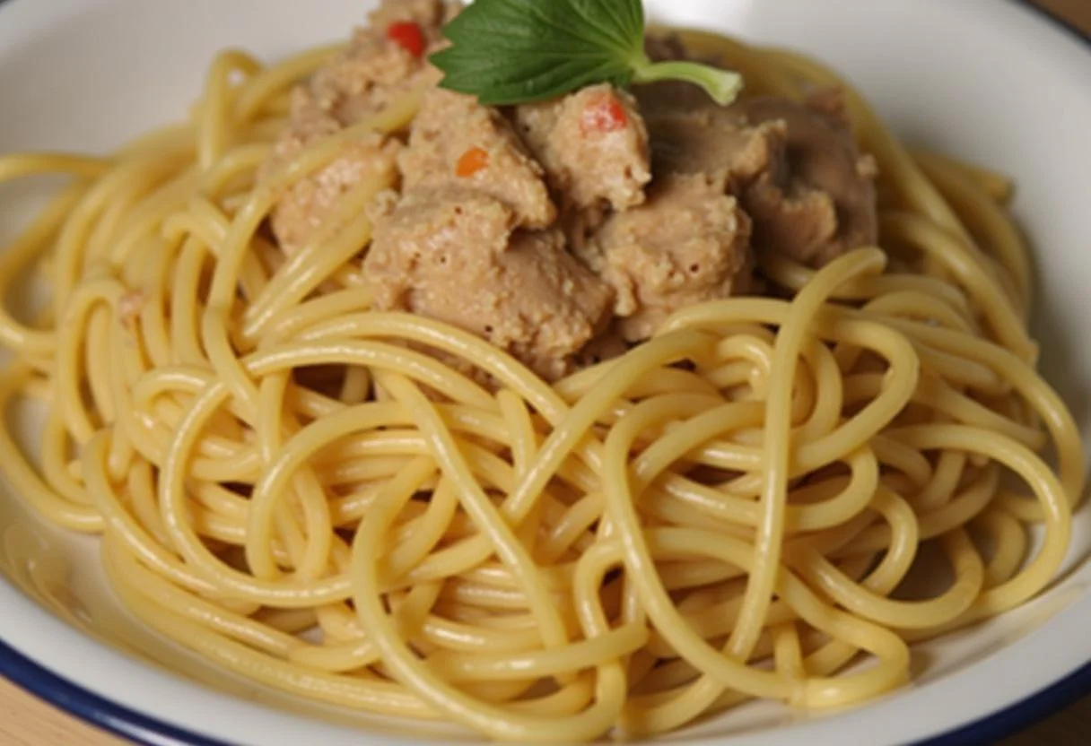 Mélange des spaghetti avec la sauce crémeuse au thon, assurant une répartition uniforme des saveurs.