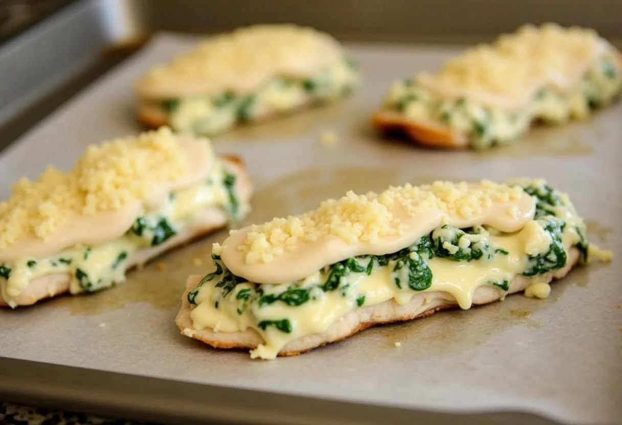 Remplissage des filets de poulet avec un mélange d'épinards et de fromage pour des paupiettes savoureuses.