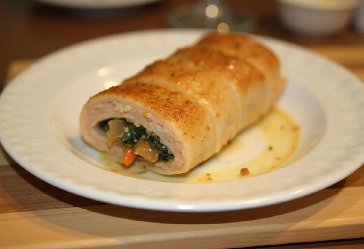 Enroulement des filets de poulet pour former des paupiettes, bien serrées et prêtes à être cuites.